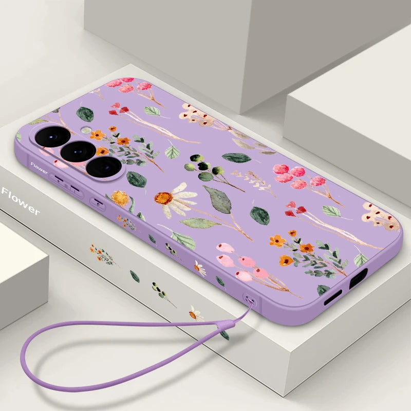 Luxury Flower Print Silicone Case with Lanyard for Samsung Galaxy Cover