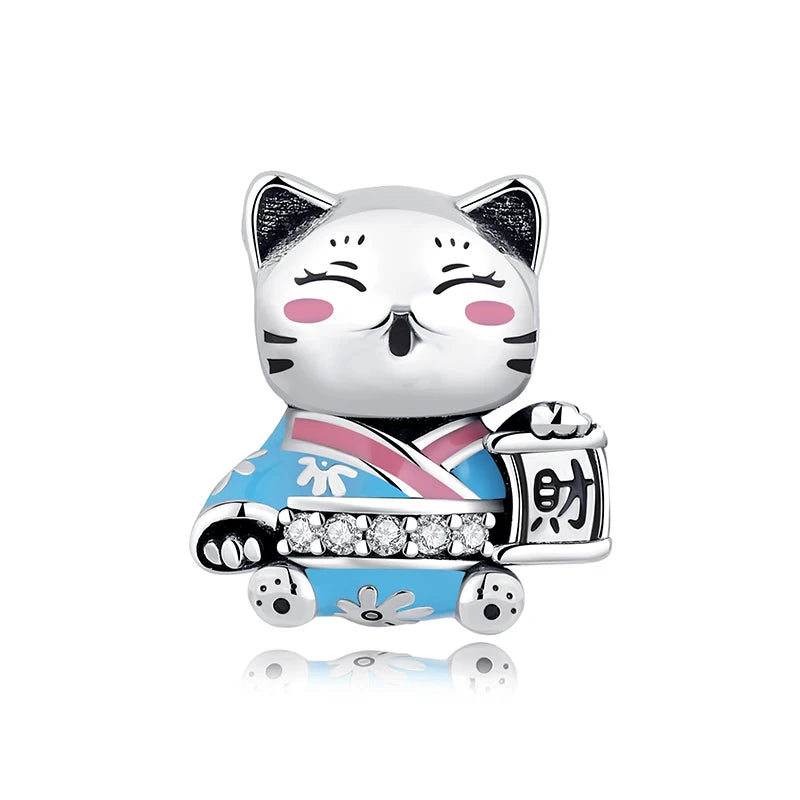 Silver Japanese Doll Fortune Cat Charm Bead for Bracelets