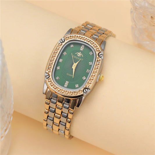 Women's Green Dial Quartz Watch – Diamond Accent & Steel Bracelet Design