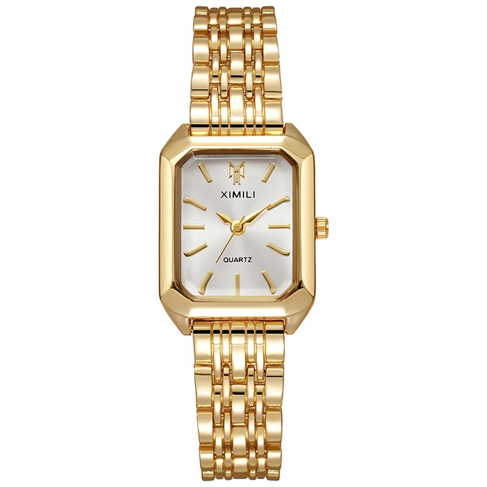 Luxury Women's Square Quartz Watch Gold Plated Stainless Steel Business