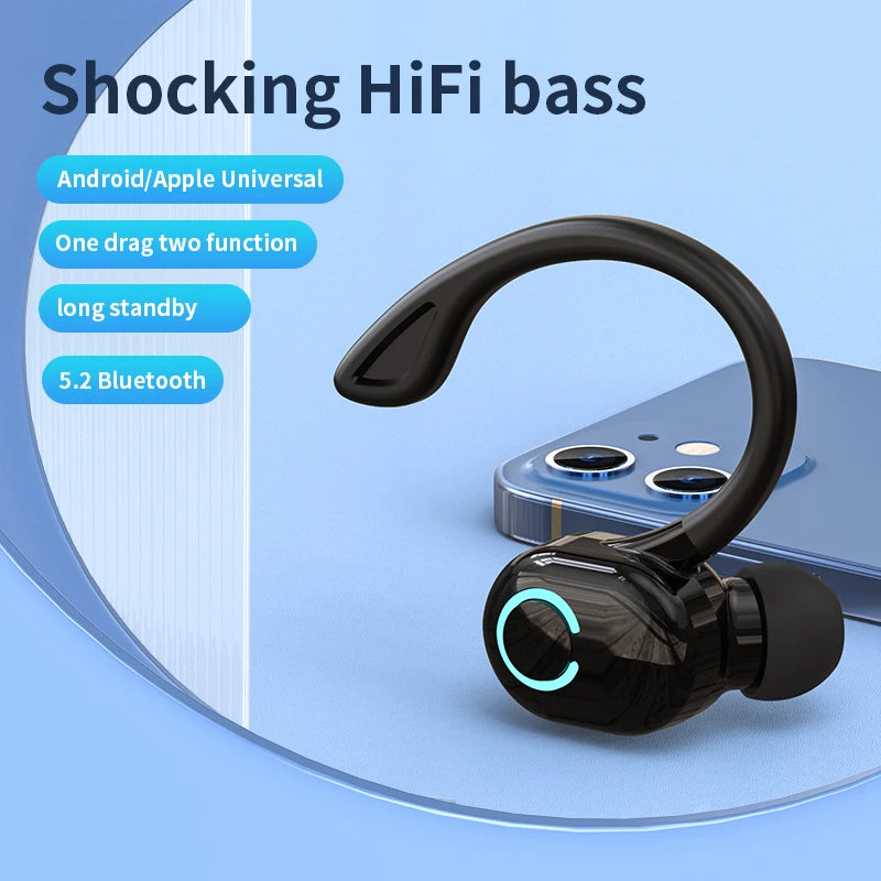 Bluetooth 5.2 Wireless Earphones Waterproof HiFi Stereo Earbuds, Ear Hook, Mic, Sports & Music