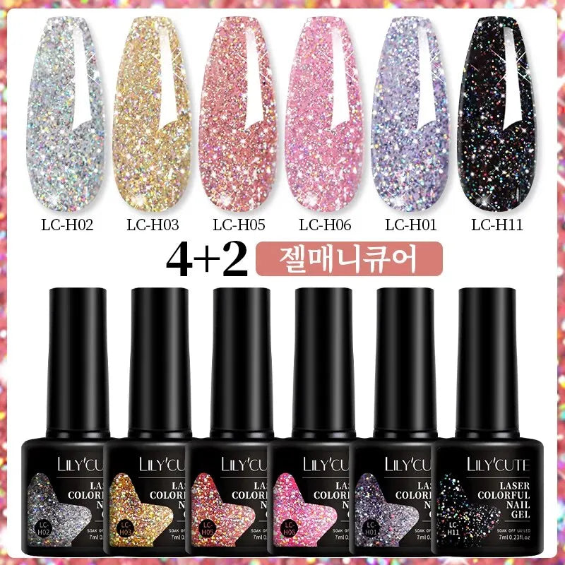 6Pcs 7ml Glitter Gel Nail Polish Set Soak Off UV LED Semi-Permanent