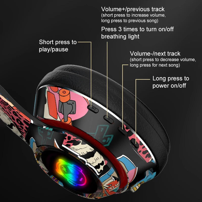 Graffiti Bluetooth 5.1 Gaming Headset  Wireless DJ Headphones Mic, RGB Lights TF Card Support"