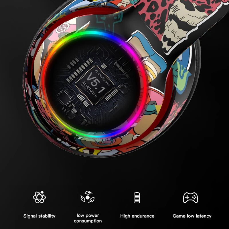 Graffiti Bluetooth 5.1 Gaming Headset  Wireless DJ Headphones Mic, RGB Lights TF Card Support"