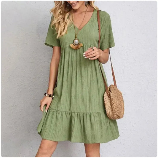 Trendy Spring Dress V-Neck, Short Sleeves & Flattering Fit