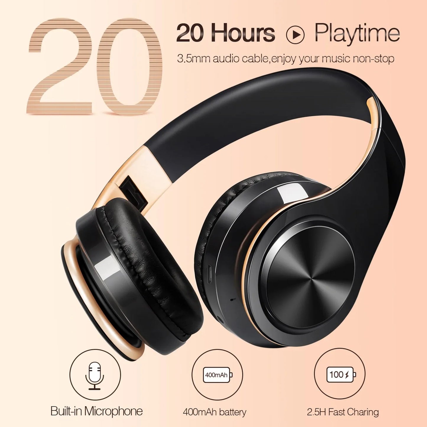 Gold Wireless Bluetooth Headphones w/Mic & 3.5mm Jack for iPhone Samsung