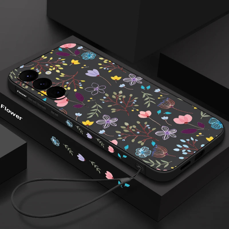 Luxury Flower Print Silicone Case with Lanyard for Samsung Galaxy Cover