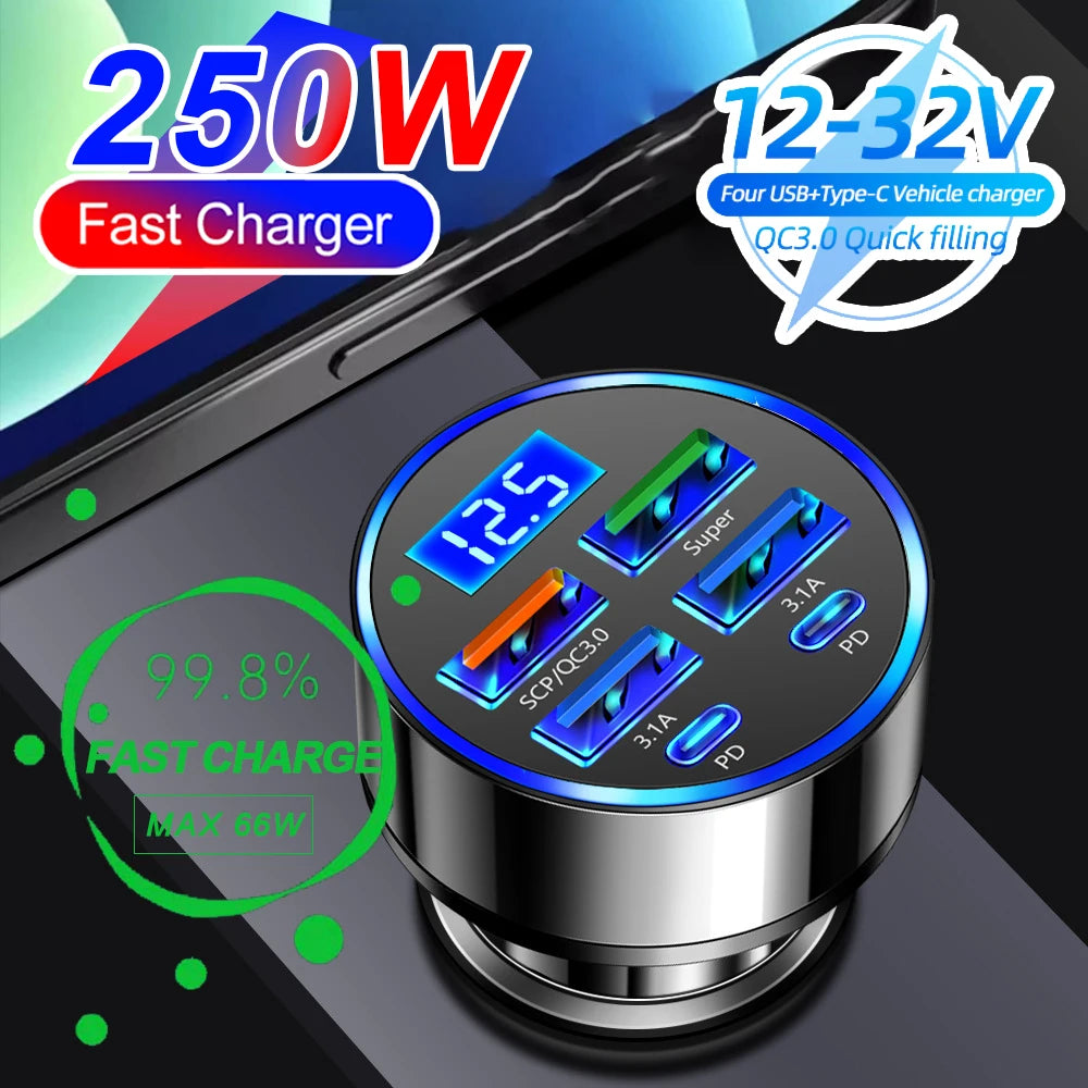 66-250W PD Car Charger QC3.0 Fast Charge 6-Port Cigarette Lighter Adapter