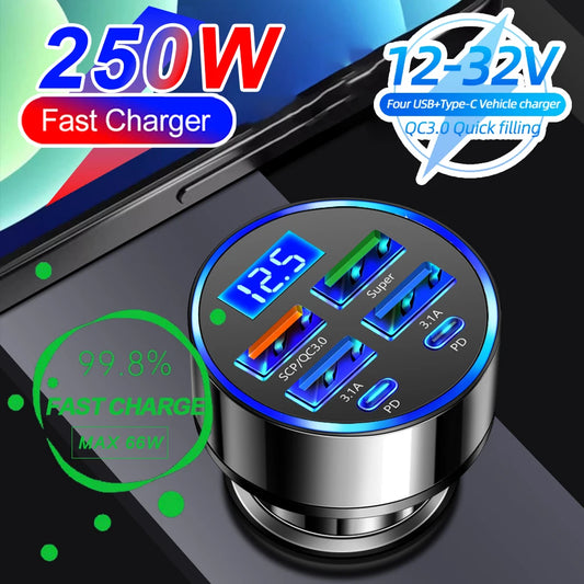 66-250W PD Car Charger QC3.0 Fast Charge 6-Port Cigarette Lighter Adapter