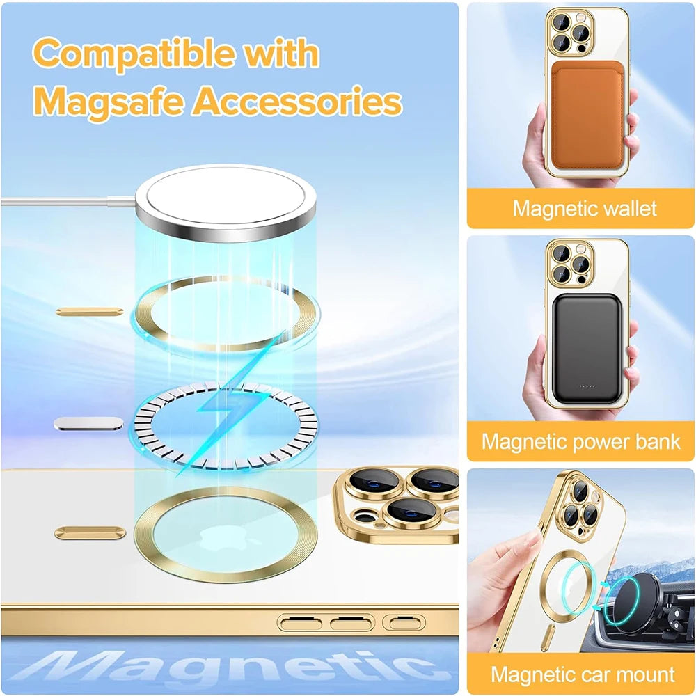 Luxury Plating Magnetic For Magsafe Wireless Charging Case For iPhone 15 14 Plus 13 12 11 Pro Max Clear Soft Thin Cover