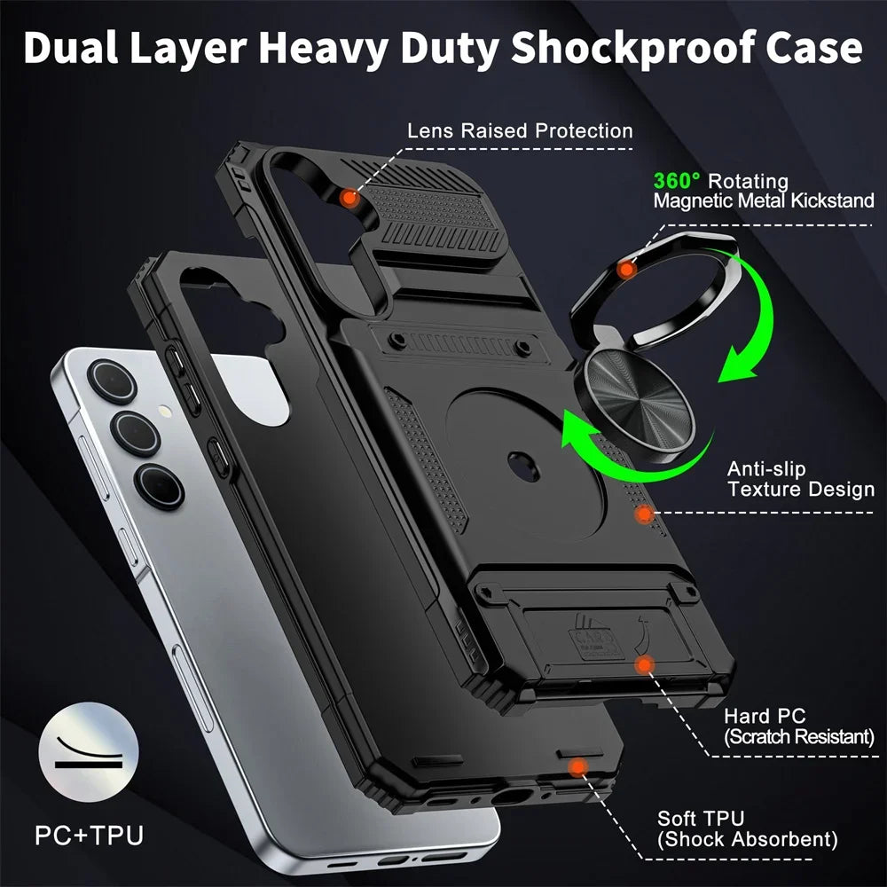 Case For Samsung Galaxy S24 S25 Ultra Plus A55 A35 A15 4G 5G Magnetic Rotated Ring Kickstand Heavy Drop Protection Wallet Cover