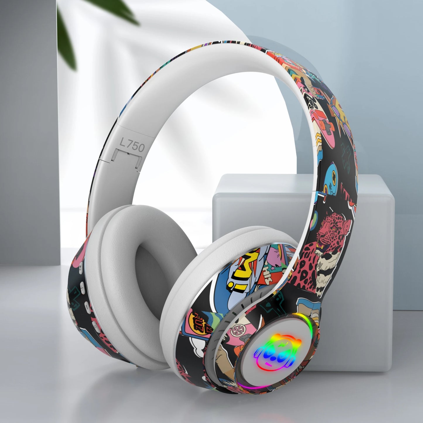 Graffiti Bluetooth 5.1 Gaming Headset  Wireless DJ Headphones Mic, RGB Lights TF Card Support"