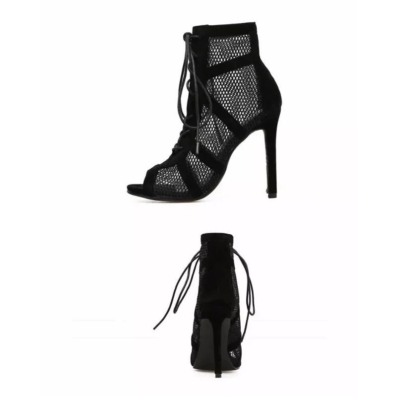 Women's Sexy High Heel Sandals – Black Mesh Lace-Up Peep Toe Pumps, Fashion Cross Strap Shoes