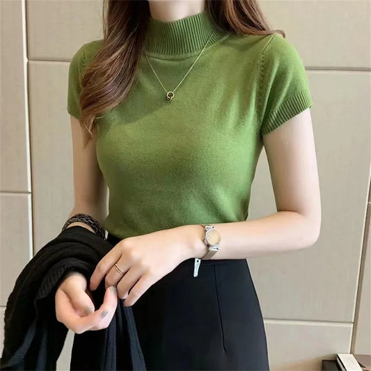 Women's Knitted Short Sleeve Sweater Casual Turtleneck Pullover, Solid Colour, Spring Summer Blouse