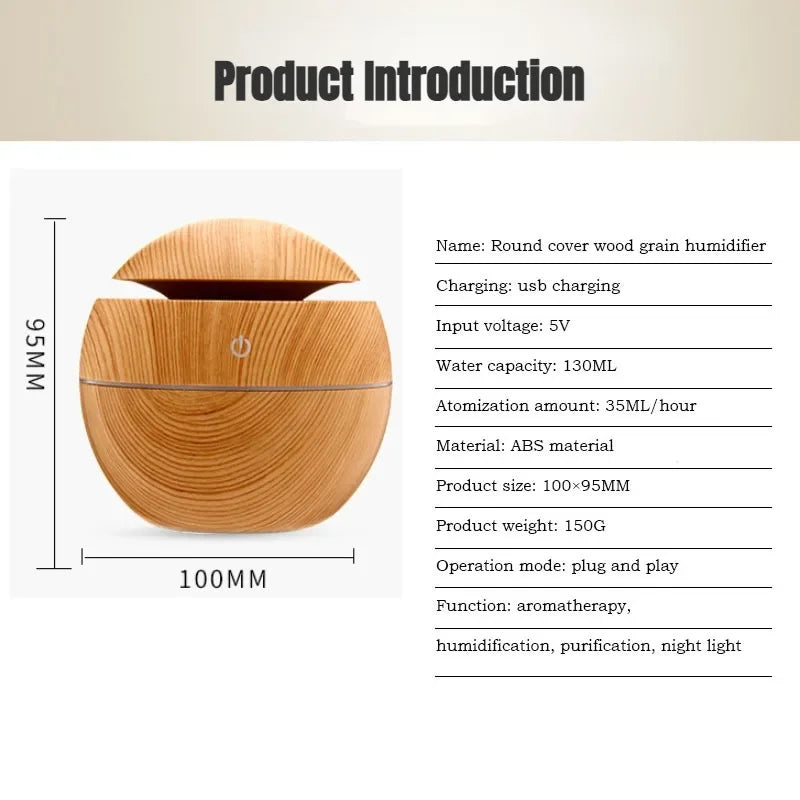 USB Ultrasonic Cool Mist Humidifier Wood Grain Aroma Diffuser Air Purifier