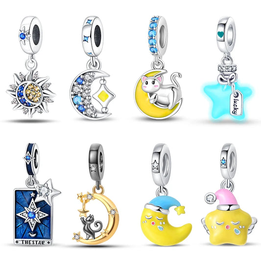 Silver-Plated Sun Moon Star Charm Beads with Zircon for Bracelets DIY