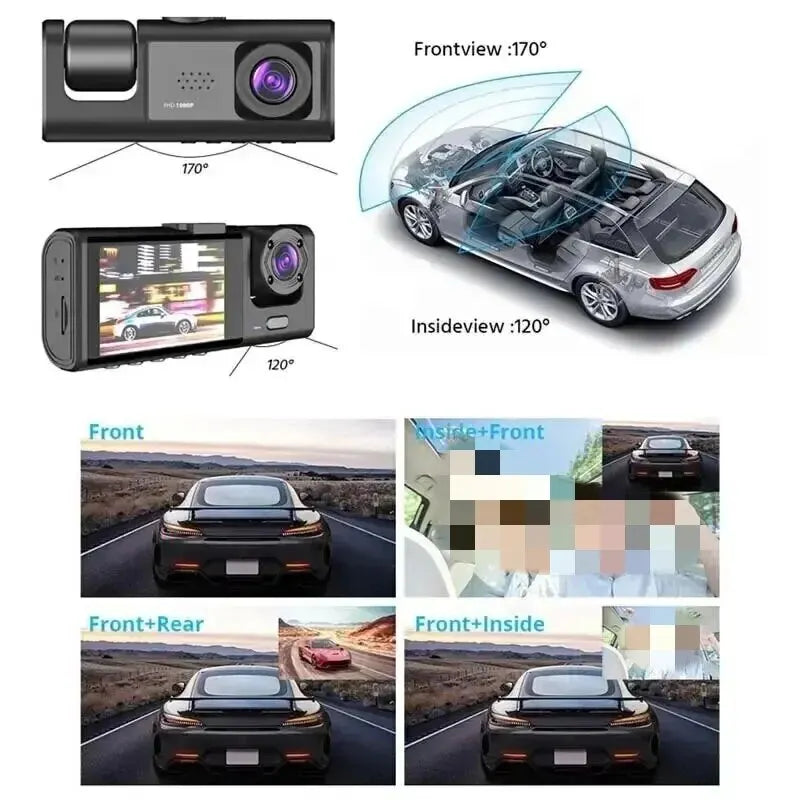 3-Channel Dash Cam 1080P HD Car DVR Front Inside Rear Camera Recorder