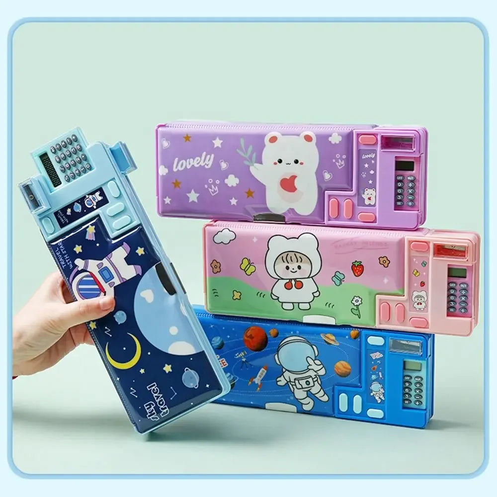 Double-Layer Pencil Case with Calculator & Sharpener Astronaut Animal Box