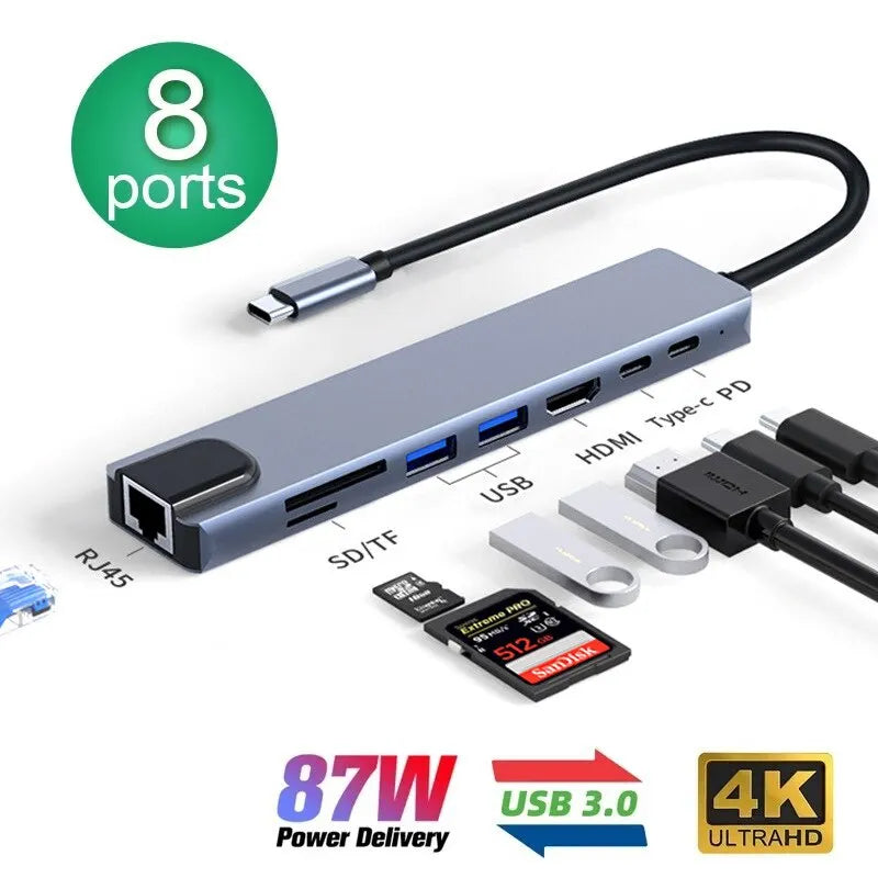 8-in-1 USB-C Hub 4K Thunderbolt 3 Docking Station Adapter for MacBook iPad