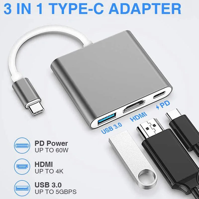 3-in-1 USB-C Hub 100W Power 4K HDMI USB 3.0 Adapter for MacBook & Steam Deck