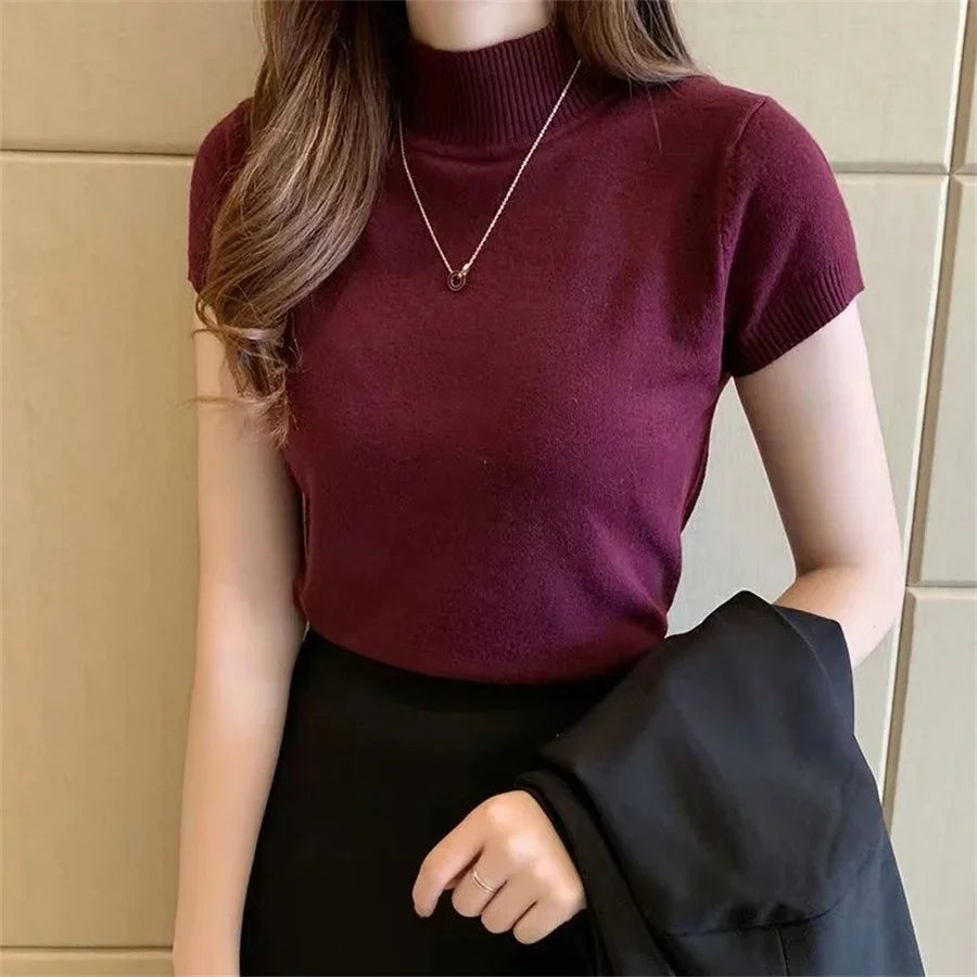 Women's Knitted Short Sleeve Sweater Casual Turtleneck Pullover, Solid Colour, Spring Summer Blouse