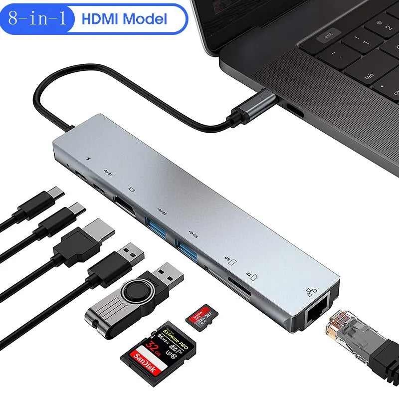 8-in-1 USB-C Hub 4K Thunderbolt 3 Docking Station Adapter for MacBook iPad