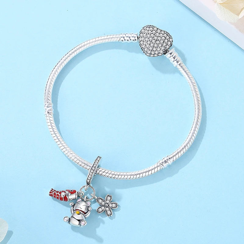 Silver Japanese Doll Fortune Cat Charm Bead for Bracelets