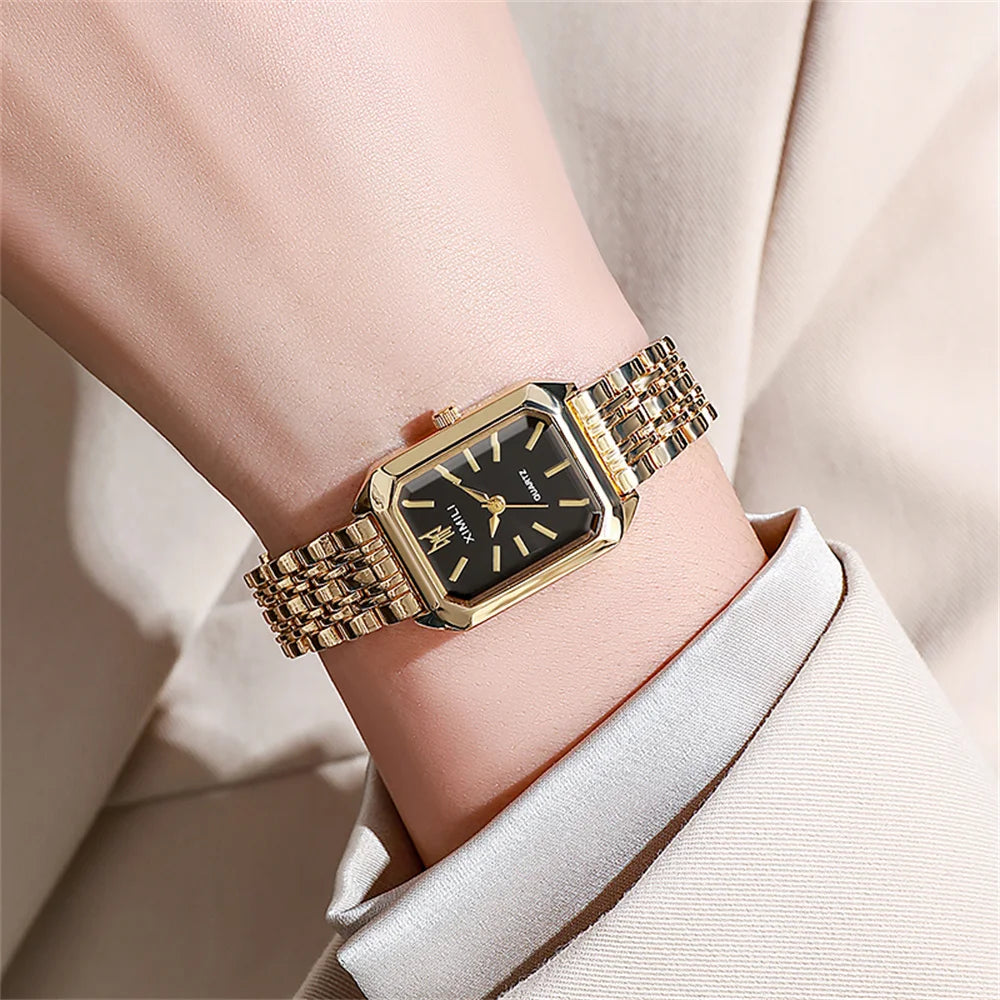 Luxury Women's Square Quartz Watch Gold Plated Stainless Steel Business