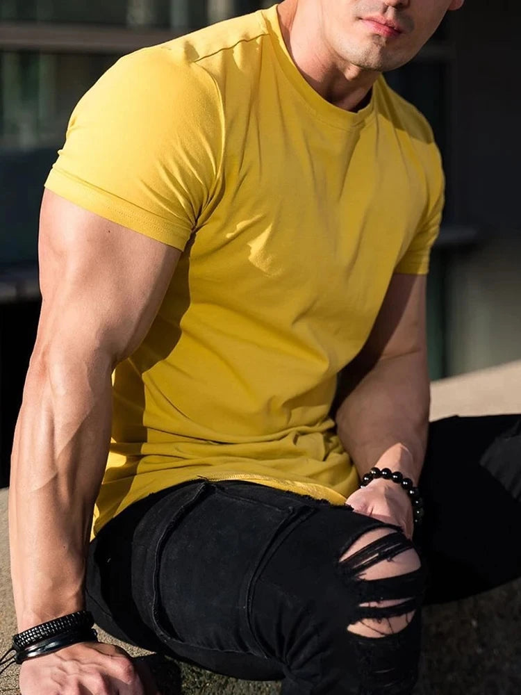 Men's Muscle Fit Gym T-Shirt  Summer Short Sleeve Workout Top, Cotton Athleisure Sports Tee