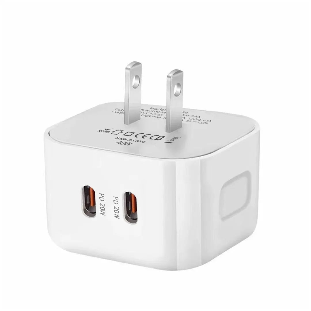 40W Dual USB-C PD Fast Wall Charger for iPhone 11-15 iPad Xiaomi Huawei