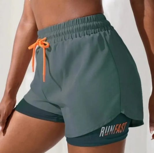 Women's High Rise Yoga Shorts Elastic Waist 2-Piece Running Workout Pants
