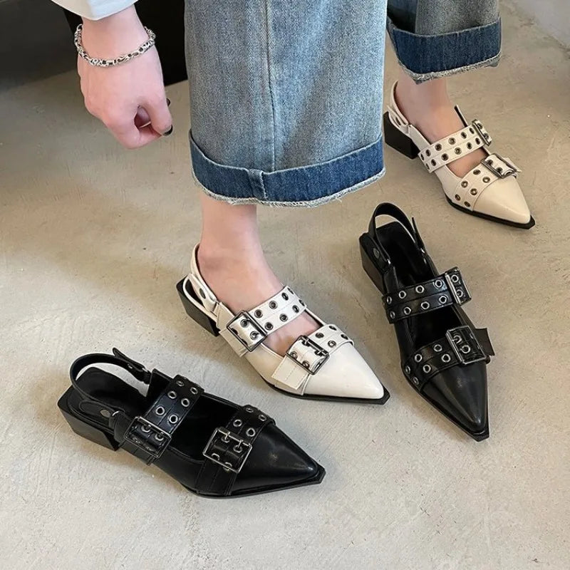 Mary Jane Pointy  Shoes for Women Skirt Small Leather Shoes Retro Chunky Single Shoes for Women