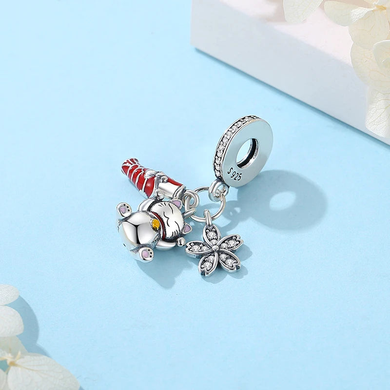 Silver Japanese Doll Fortune Cat Charm Bead for Bracelets