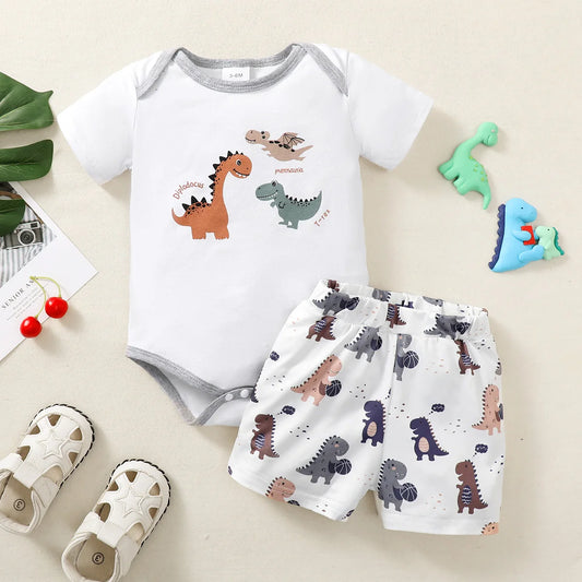 Baby Boy Dinosaur Outfit – 2PCS Summer Top & Shorts Set for 0–1 Year Old
