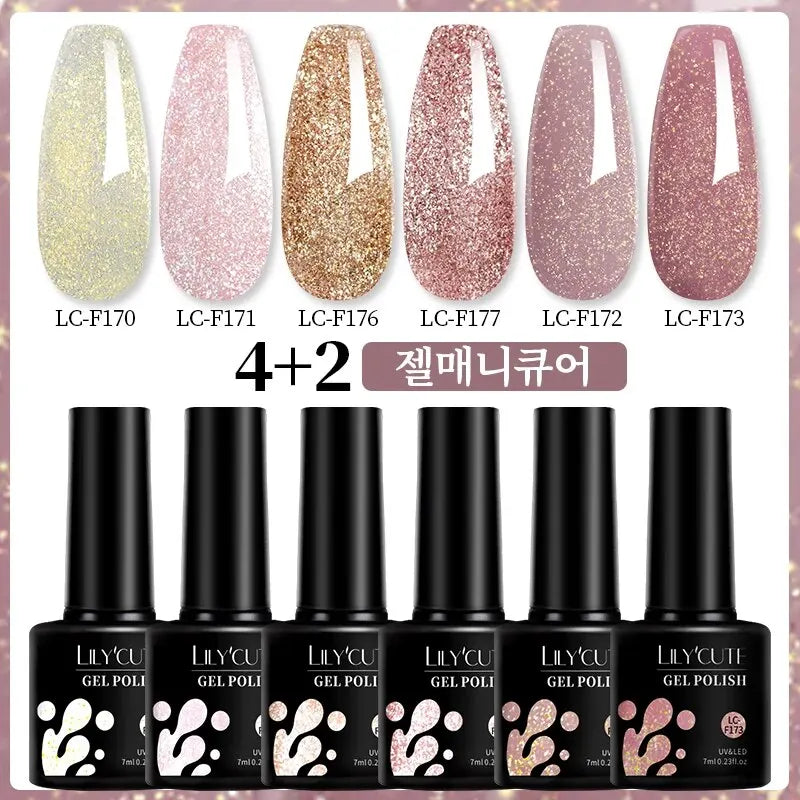 6Pcs 7ml Glitter Gel Nail Polish Set Soak Off UV LED Semi-Permanent