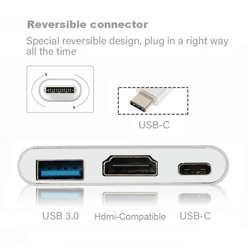 3-in-1 USB-C to HDMI Adapter USB 3.1 Hub Charger for Samsung Huawei MacBook