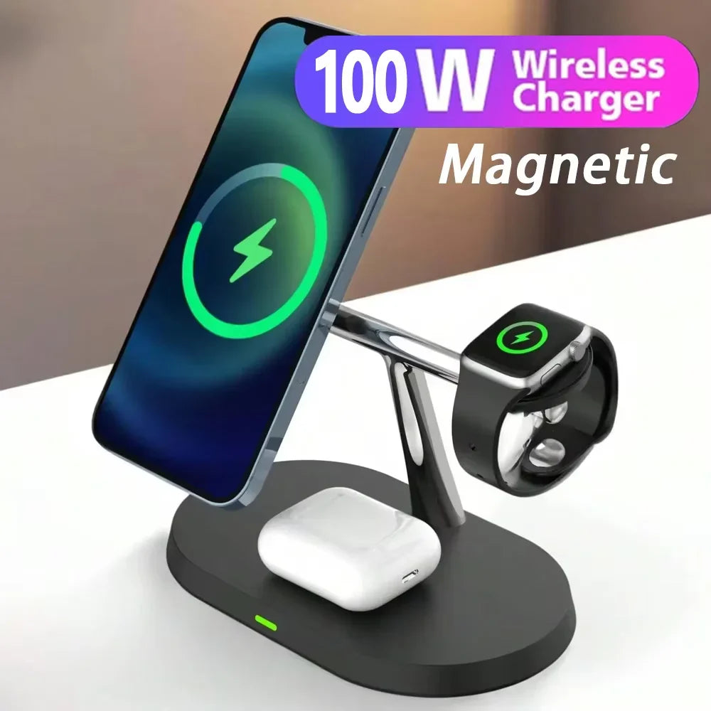 3-in-1 Magnetic Fast Wireless Charging Station | For iPhone 16 15 14 13 Pro Max, Apple Watch 9 8, AirPods Pro | MagSafe Stand