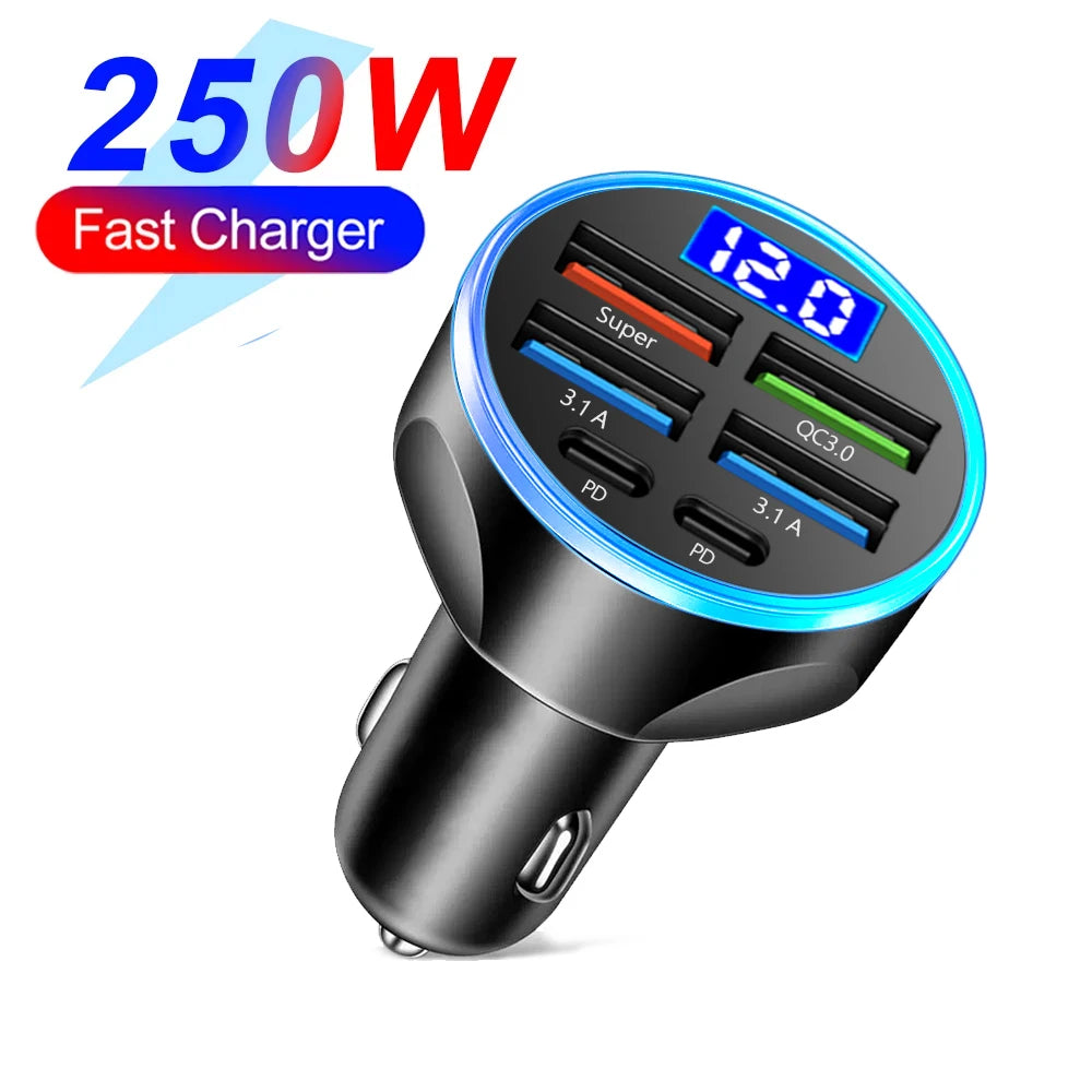 66-250W PD Car Charger QC3.0 Fast Charge 6-Port Cigarette Lighter Adapter