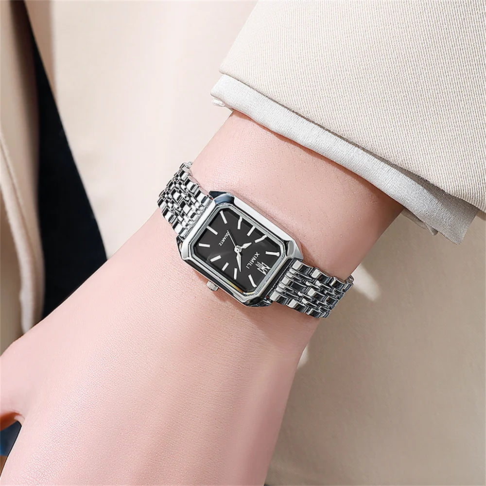 Luxury Women's Square Quartz Watch Gold Plated Stainless Steel Business