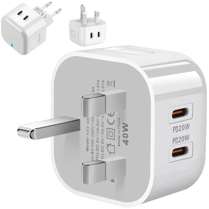 40W Dual USB-C PD Fast Wall Charger for iPhone 11-15 iPad Xiaomi Huawei