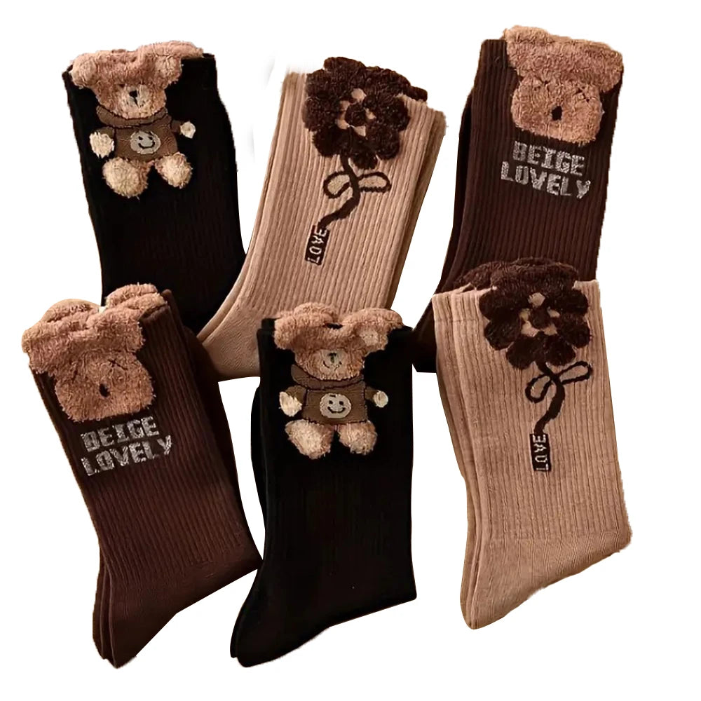 3 Pairs Women's Cartoon Bear Socks Cute Soft Casual Mid Tube