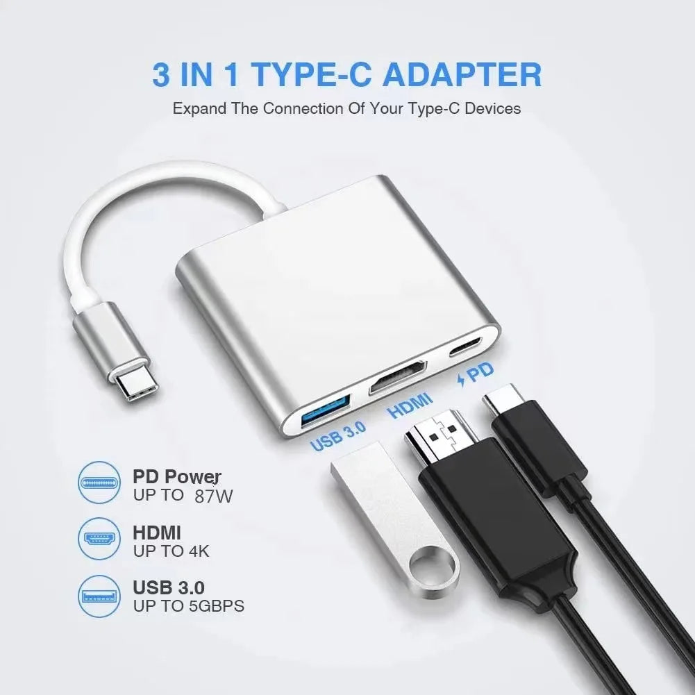 3-in-1 USB-C Hub 100W Power 4K HDMI USB 3.0 Adapter for MacBook & Steam Deck