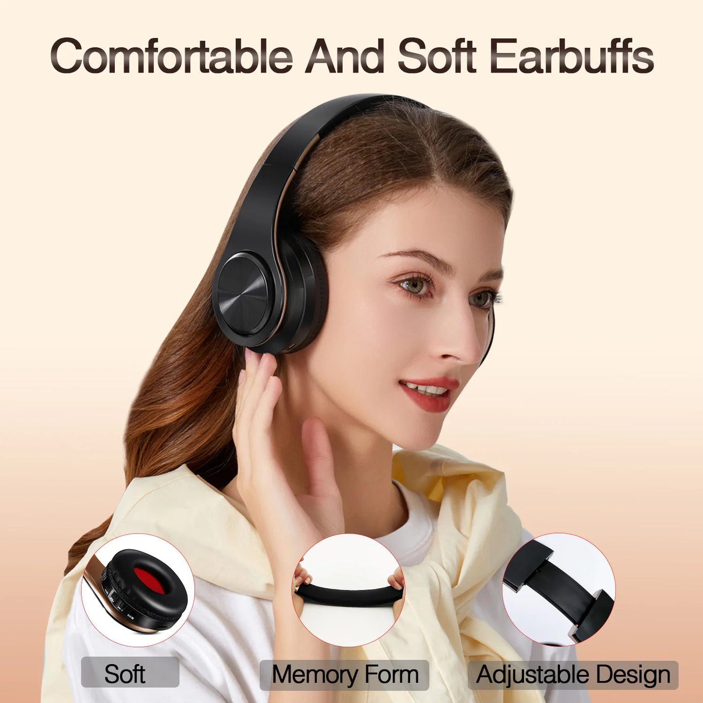 Gold Wireless Bluetooth Headphones w/Mic & 3.5mm Jack for iPhone Samsung