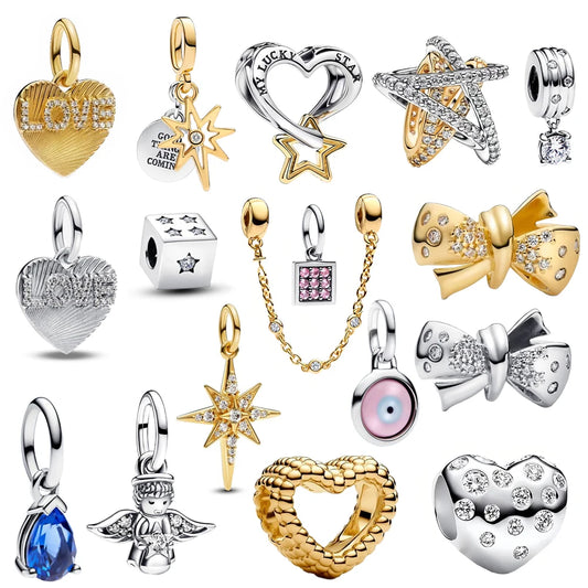 925 Silver Lucky Star & Heart Dice Bow Dangle Charm for Bracelet Gift