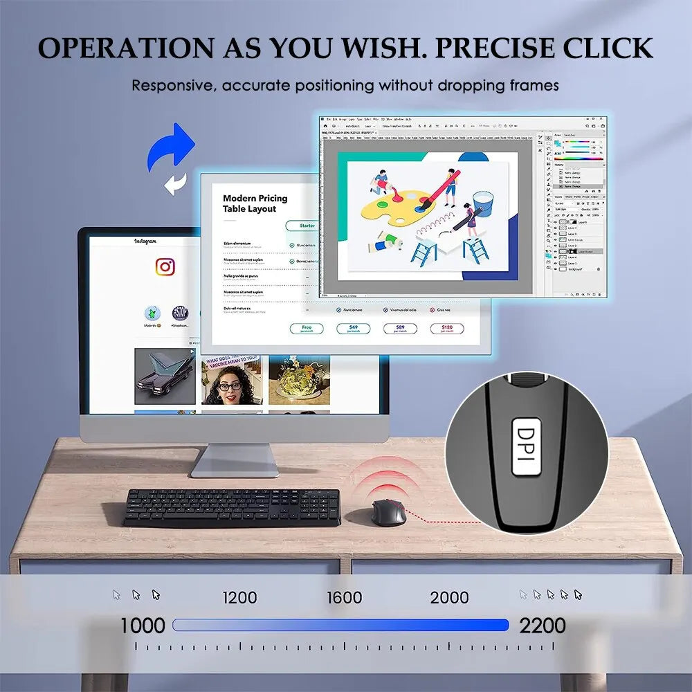 Wireless Silent Mouse 2.4G Portable Optical Adjustable DPI for Laptop PC