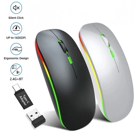 LED Wireless Bluetooth Mouse Rechargeable Silent Dual Mode for Laptop PC