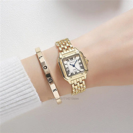 Women's Luxury Square Watch  Gold Alloy Strap Quartz with Roman Numerals