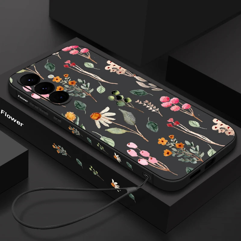 Luxury Flower Print Silicone Case with Lanyard for Samsung Galaxy Cover