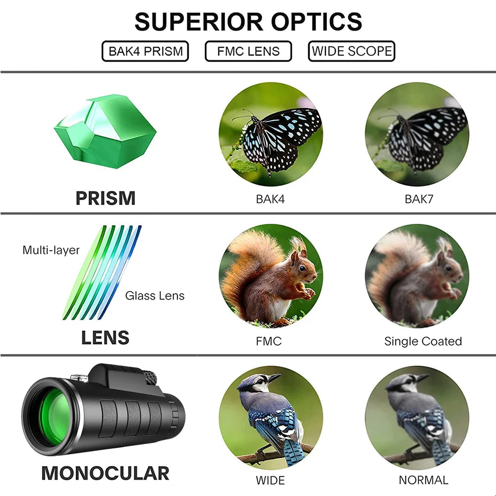 10x42 HD Monocular Telescope BAK4 Prism for Hunting Camping Bird Watching