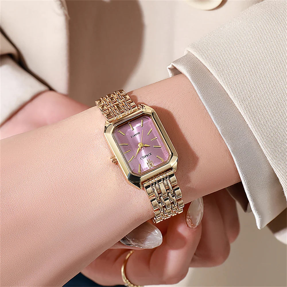 Luxury Women's Square Quartz Watch Gold Plated Stainless Steel Business